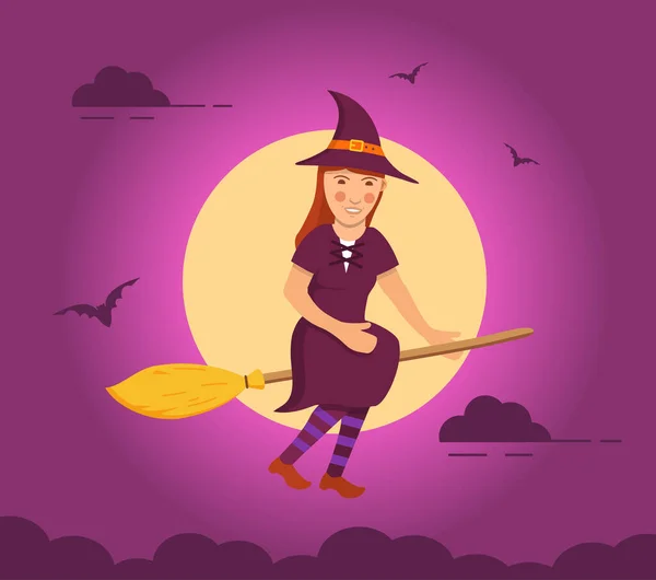 Witch flying on broomstick background of a full moon.