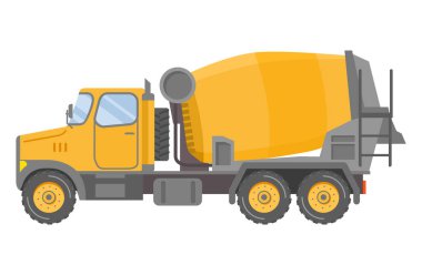 Beton karıştırıcı kamyon. İnşaat malzemeleri. Bahşiş arabası yan görünümü.