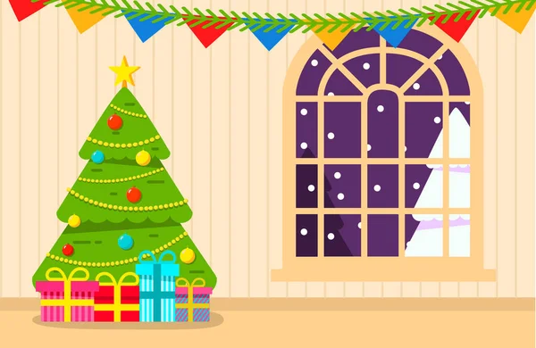 Vánoční stromeček interiér zdobené obývací pokoj s dárky. Jedle-strom s koulemi a věnce a hvězda. — Stockový vektor
