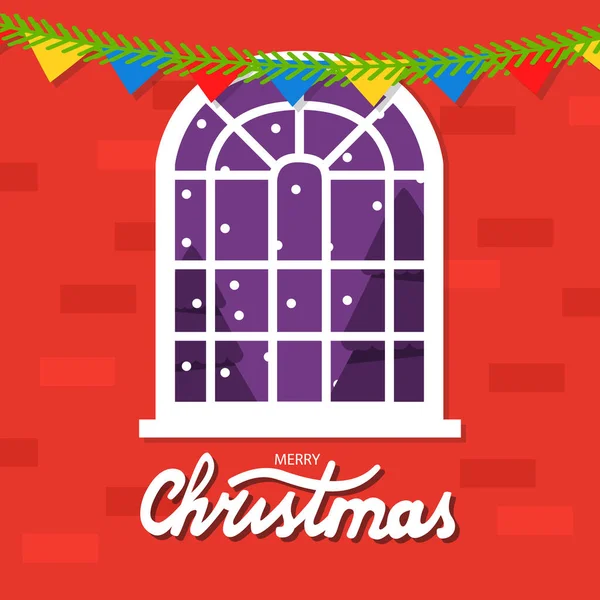 Рождественское окно в кирпичной wall.Happy новогоднее украшение. — стоковый вектор