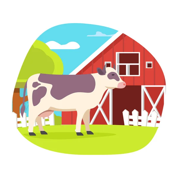 Vache dans la prairie. Ferme avec grange et animaux. — Image vectorielle