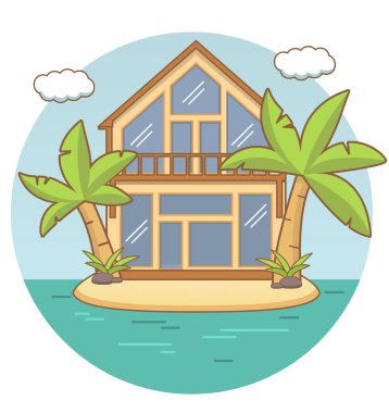 Plaj pansiyonu. Tropikal ada manzaralı kumsal ve deniz ve palmiye ağaçları, bulutlar..