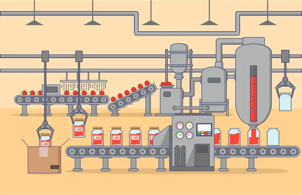 La fábrica automatizó la tienda de transportadores en la producción de mermelada de fresa. — Vector de stock