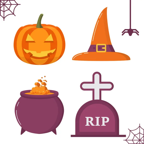 Halloween holiday symbols a cauldron of the witch with raging a potion, a lamp from pumpkin head jack smiling a mug, a tombstone. — Stock Vector
