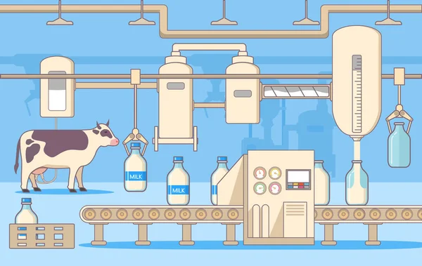 Procesamiento de producción de fábrica de leche. Cinta transportadora de leche. Máquinas automáticas. — Archivo Imágenes Vectoriales