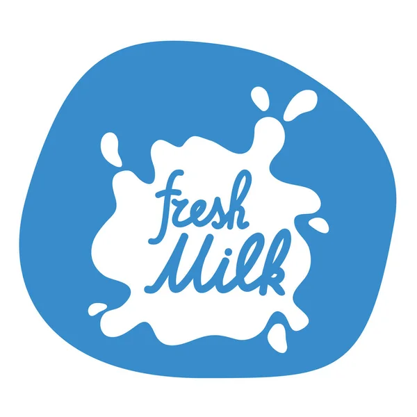 Frischmilch-Etikett, Logo-Spritzer. Form handgezeichneten Schriftzug. — Stockvektor