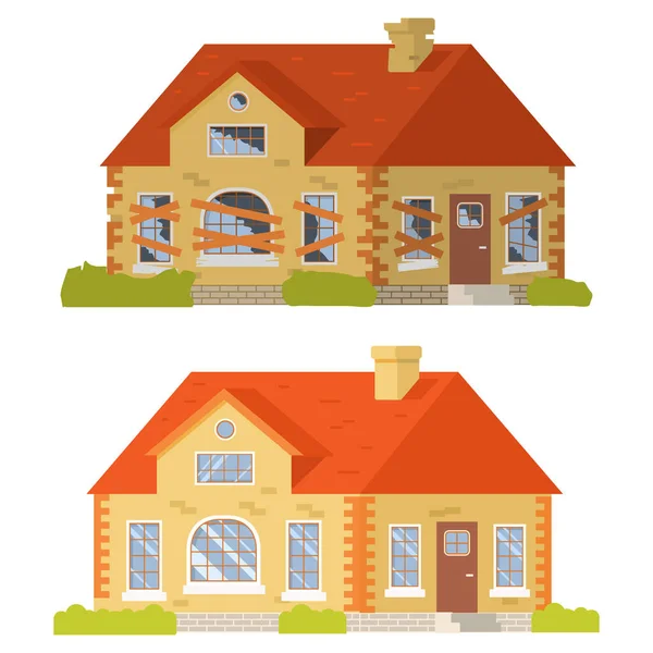 Casa antes e depois do reparo. Velho lar degradado. —  Vetores de Stock