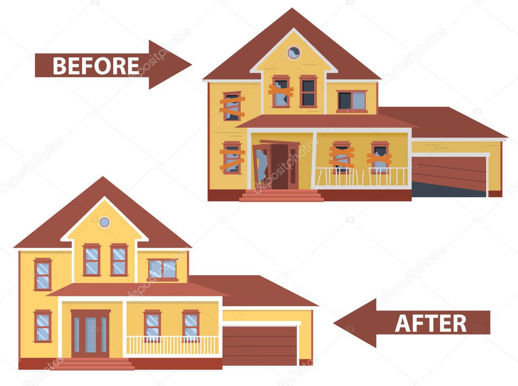 House before and after repair. Old run-down home.