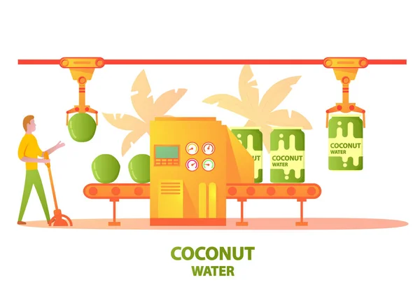 Конвеєрний пояс завод зеленого кокосового напою для води в алюмінієвій банці . — стоковий вектор