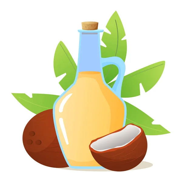 Kokosolie in glazen fles.Kokosnoten hele en gebroken noot met palmblad. — Stockvector