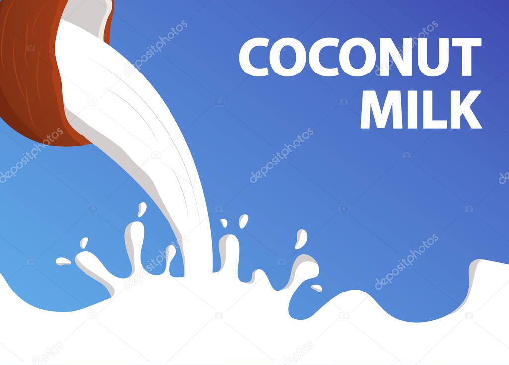 Coconut in a milk splash on blue background.Non dairy vegan food and drink.