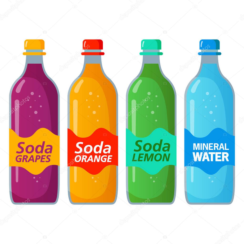 Sweet sparkling water soda.Beverage soft orange and lemon,mineral and grape sweet carbonated of glass bottle.