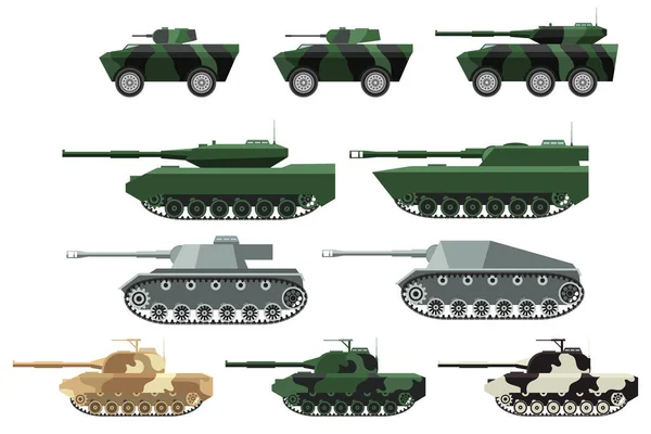 Big estableció un vector en el estilo plano de la maquinaria pesada militar. Tanques en un desierto, — Vector de stock