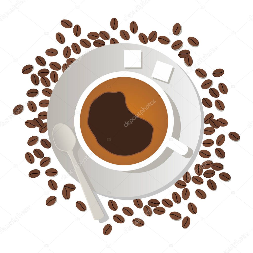 Coffee cup with lumpy sugar and a spoon on a saucer and coffee beans in flat style vector.