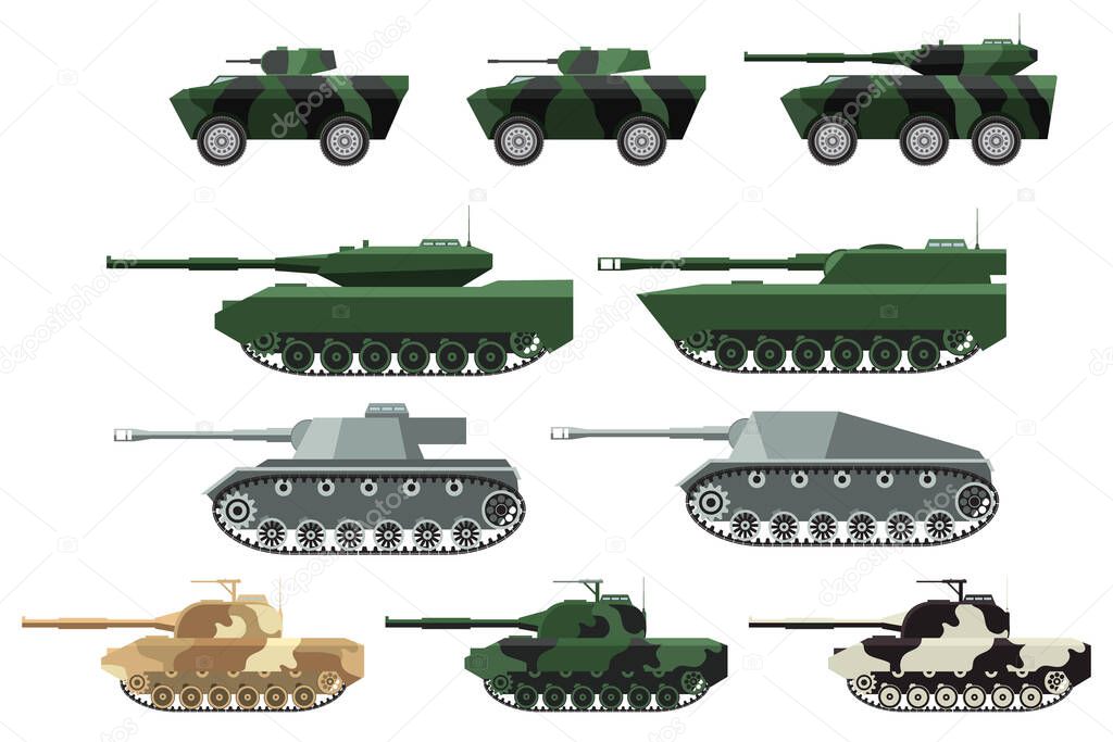 Big set a vector in flat style of military heavy machinery. Tanks in a desert,
