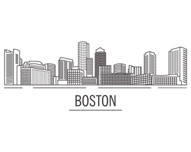 Boston Massachusetts şehir manzarası çizgilerle çizilmiş. Nehirden Boston manzarası. ABD ufuk çizgisi ve simgesi.