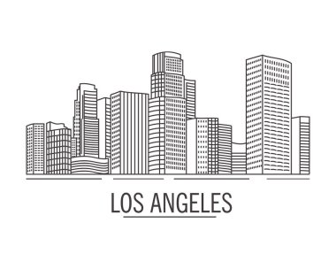 Beyaz arka planda Los Angeles çizgileriyle çizilmiş şehir manzarası.