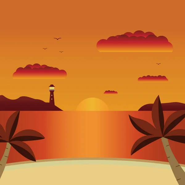 Вектор плоский пейзаж літній захід сонця з пляжем і пальмами на морі . — стоковий вектор