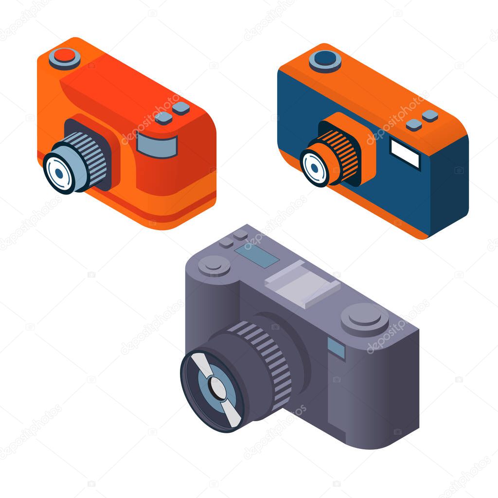 Digital photo camera set flat 3d vector isometric.The objects are isolated.