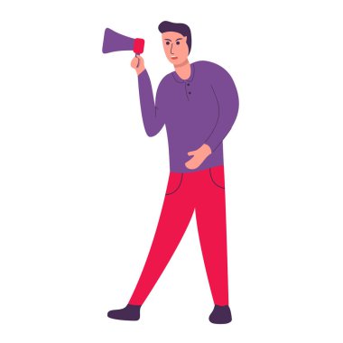 Elinde hoparlör olan genç bir adam. Çizgi karakter vektörü düz.