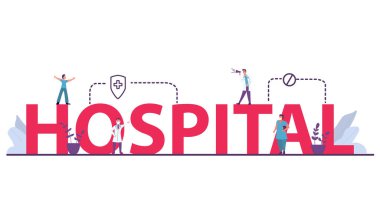 Hastane kelimesi. Erkek ve kadın doktorlar ve hemşire sağlık personeli.