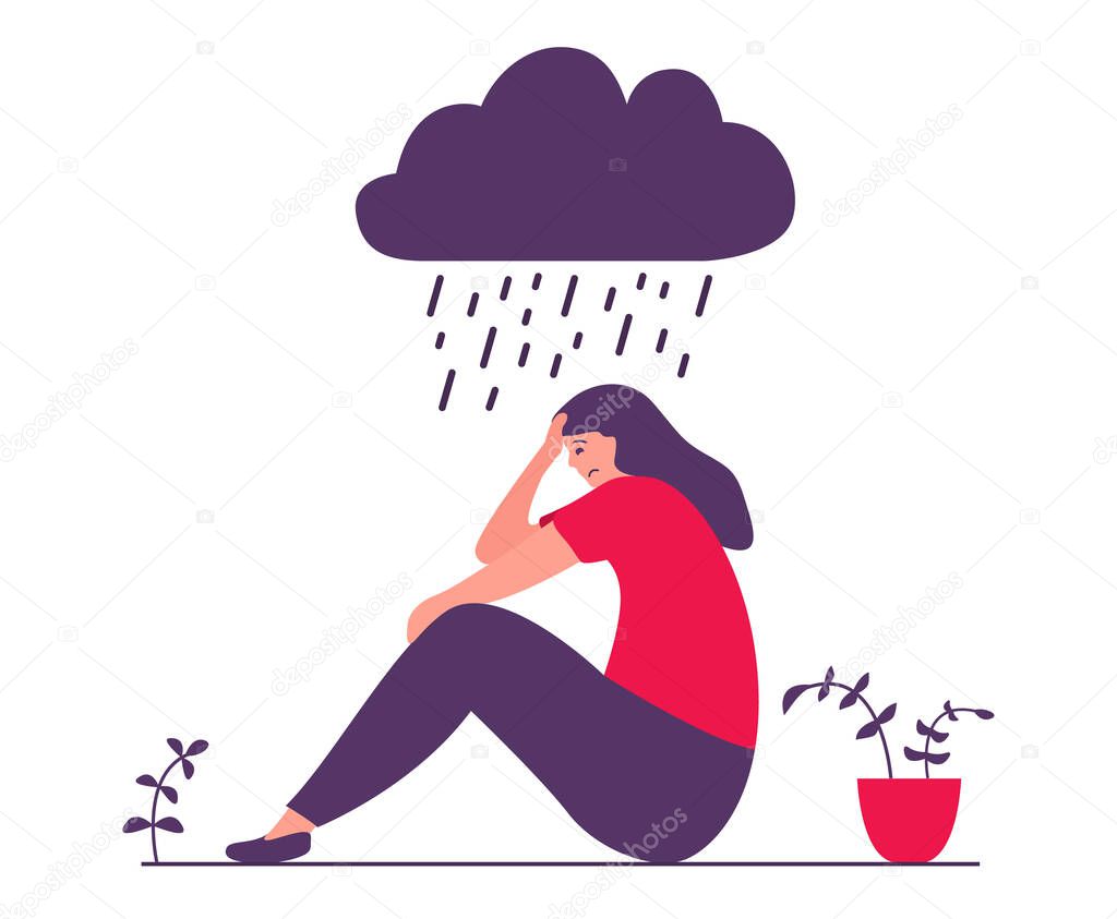 Sad young woman under rain.The girl is depressed person sitting on the floor.