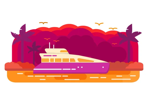 Bateau de croisière yacht .Tropical île d'un palmier. Vecteur plat. — Image vectorielle
