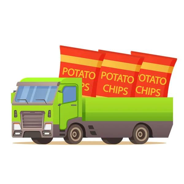 Entrega de alimentos caminhão batata chip packaging.Car vetor ilustração. — Vetor de Stock