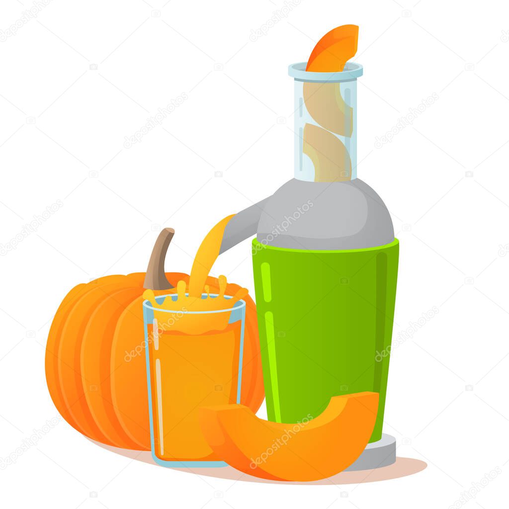 Electric juicer. Pumpkin fresh juice. A concept for vegetable healthy lifestyle for vegetarians and vegans.