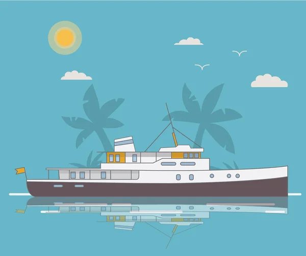平らなスタイルでヤシの木のシルエットのクルーズ船ベクトル. — ストックベクタ