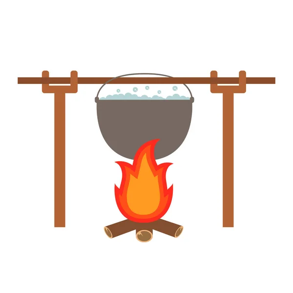 Marscherar jakt vattenkokare kokande vatten. Eldbrännande ved. — Stock vektor