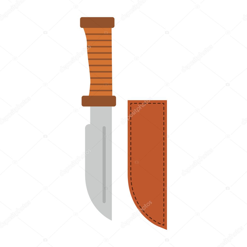 Hunting knife in flat style a vector.Army military combat knife metal wooden handle and a sheath.