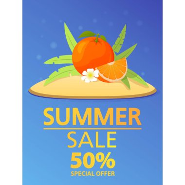 Yaz indirimi afişi. 50 indirim sunuyor. Palmiye ağaçları ve turuncu tropik meyveli tropikal ada..