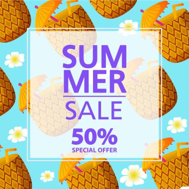 Yaz indirimi afişi. 50 indirim var. Olgunlaşmış ananas..