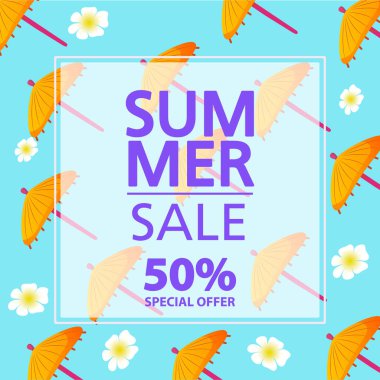 Kokteyl şemsiyeli yaz indirimi afişi. 50 indirim yapıyor..