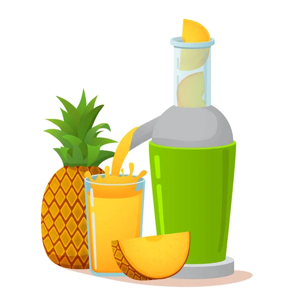 Préparation de jus à partir de fruits.Presse-agrumes électrique. Jus d'ananas frais. — Image vectorielle