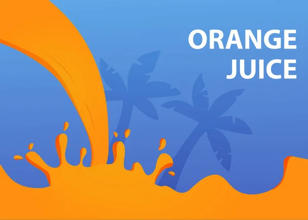 Orange juice splash liquid.Concept banner with fruit drink and palm on a blue background. - Stok Vektor
