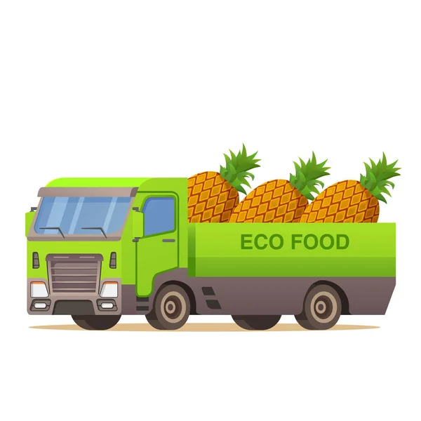 Entrega de alimentos caminhão abacaxi. Colheita de frutas. Vetor de ilustração carro. — Vetor de Stock