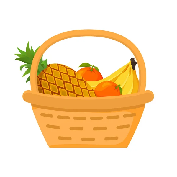 Ananas, portakal, muz ve meyve sepeti. Düz vektör çizimi. Tropikal meyve narenciyesi hasat ediyorum..