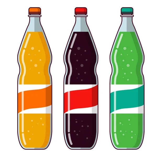 Colaflaskglas.Lemonadflaskor av plast.Apelsinsoda.Kalla drycker. — Stock vektor