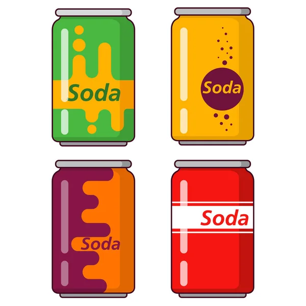 Soda sycená vodou.Cola nealkoholické nápoje.Limonáda, pomerančová soda hliníkový obal. — Stockový vektor