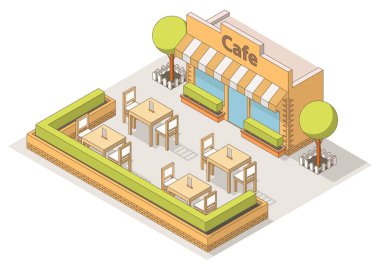 Isometric sokak kafesinin içi, masalar ve sandalyeler, ağaçlar. Bilgi elementi restoranı binası. Ahşap ürünler..