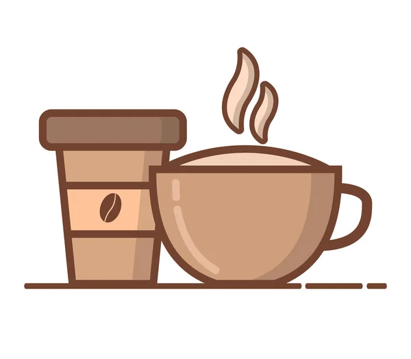 Taza de café y taza, piel de capuchino y leche.In plana la línea un arte un vector. — Vector de stock