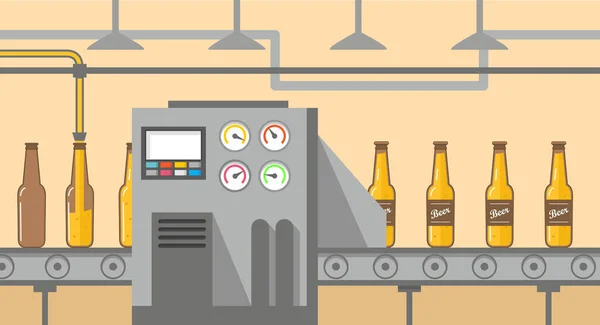 Bira fabrikası üretim hattı cam şişelere alkollü içecek dolduruyor..