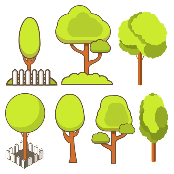 Árboles isométricos y arbustos cerca blanco. vector de arte de línea plana isométrica. — Vector de stock