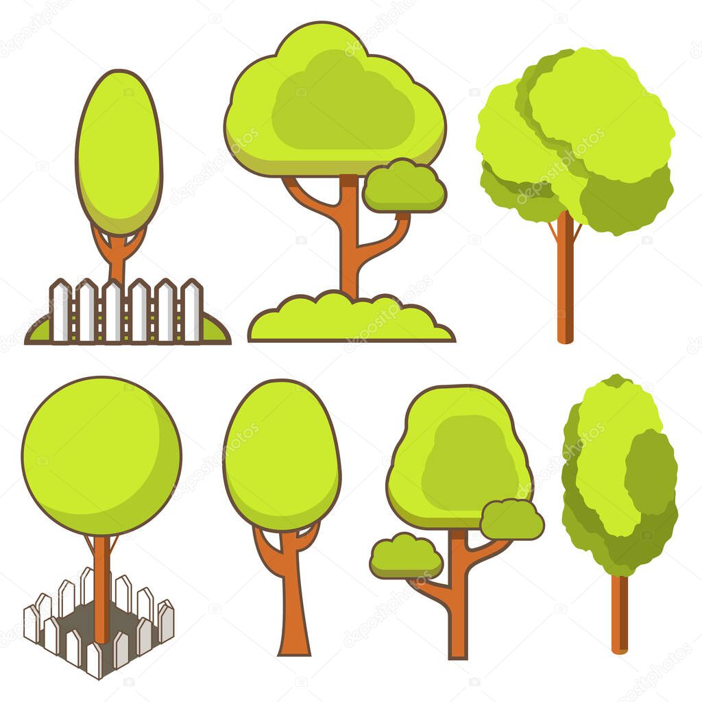 Trees isometric and bushes white fence.Isometric flat line art vector.