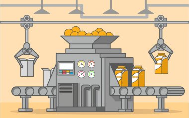 Kutu meyve içeceği taşıma bandı. Yeni sıkılmış portakal suyu..