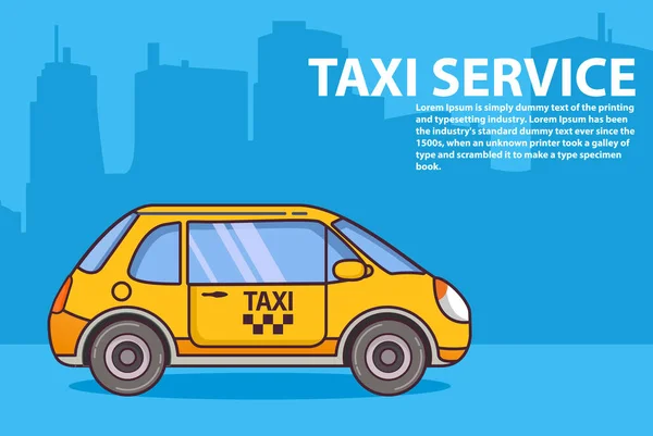 Service de taxi jaune. Véhicule bâtiments urbains de la ville d'un gratte-ciel tour. — Image vectorielle