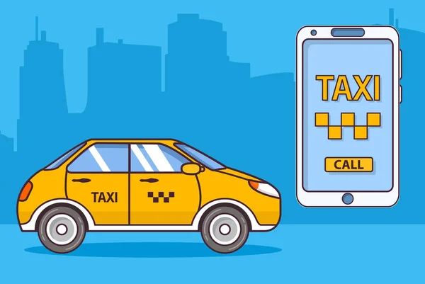 Служба таксі. Викличте жовтий смартфон мобільного додатку таксі. Автомобіль міські міські будівлі башти хмарочос . — стоковий вектор