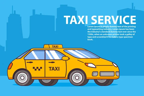 Taxi jaune car.Cab service.Online commander.Cityscape et gratte-ciel. — Image vectorielle